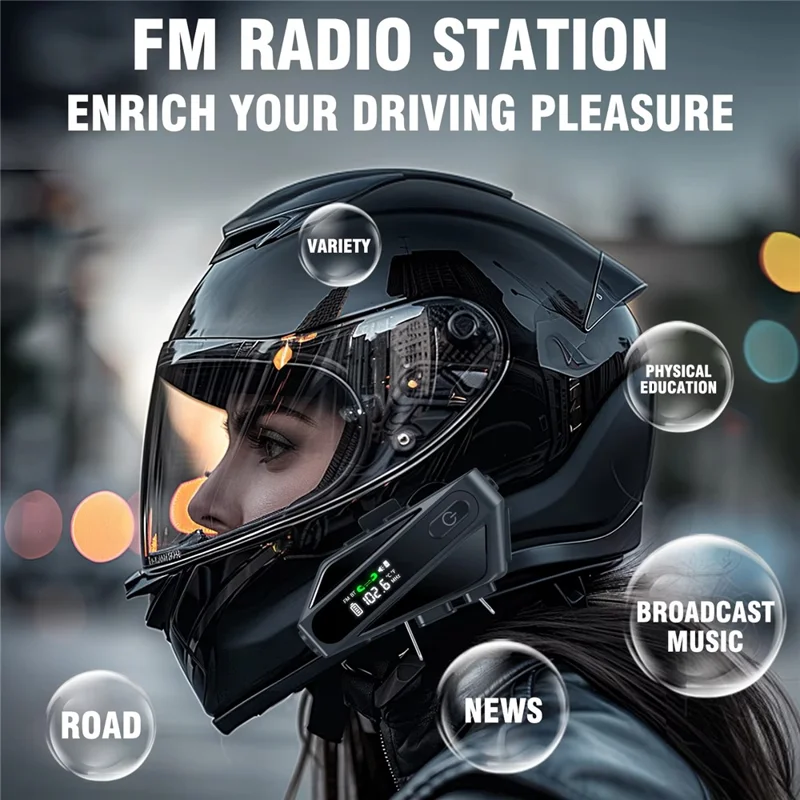 C6 Motorcycle Helmet Bluetooth-Compatible Headset with LCD Screen  /  FM Radio  /  Noise Cancellation  /  Voice Assistant, Hard Mic - Blue