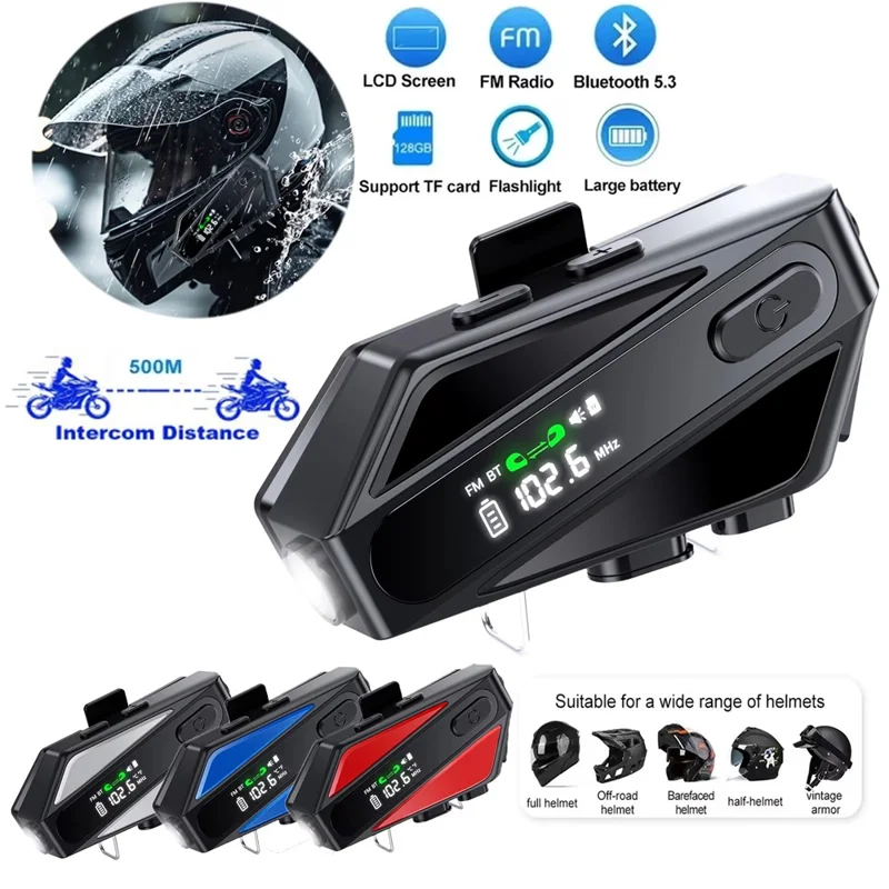 C6 Motorcycle Helmet Bluetooth-Compatible Headset with LCD Screen  /  FM Radio  /  Noise Cancellation  /  Voice Assistant, Hard Mic - Blue