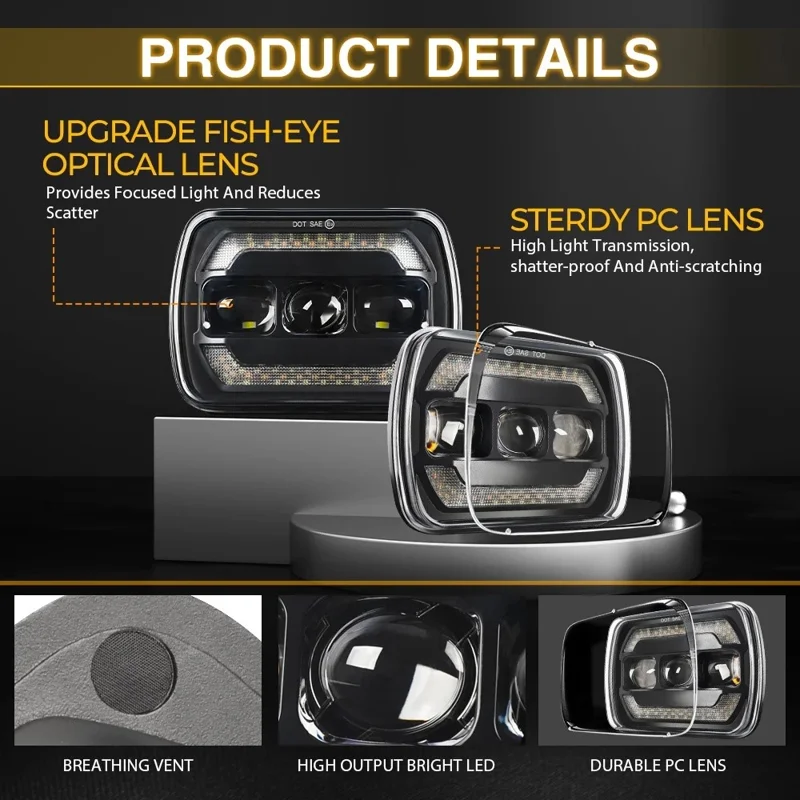 7 Inch Square LED Headlight Assembly Upgrade for Wrangler DRL Integrated Headlamp