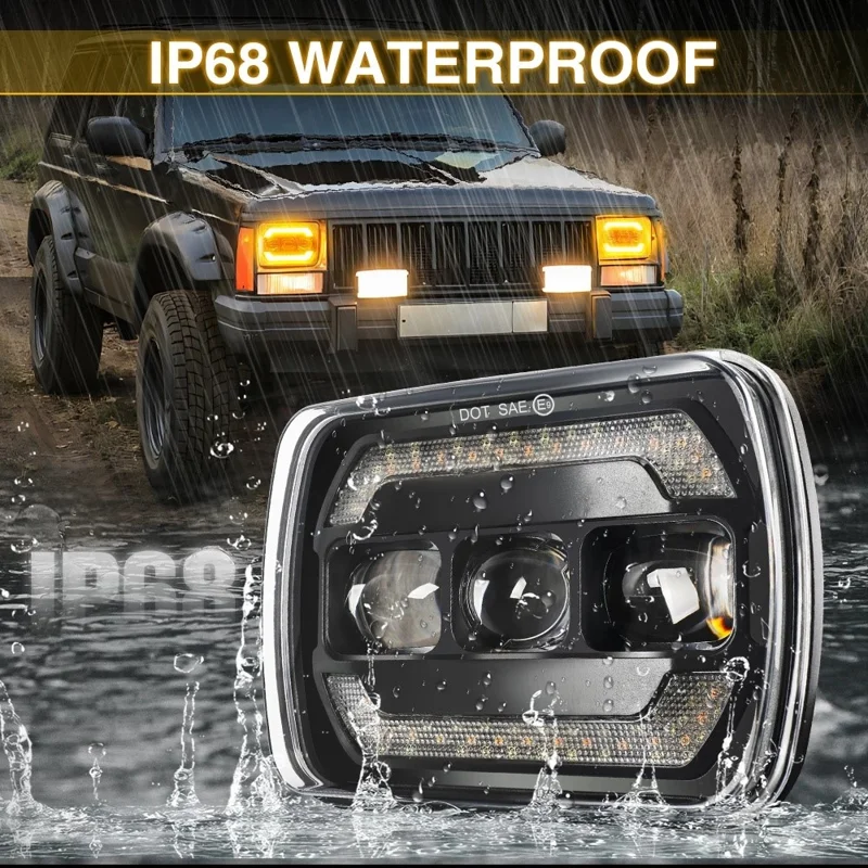 7 Inch Square LED Headlight Assembly Upgrade for Wrangler DRL Integrated Headlamp