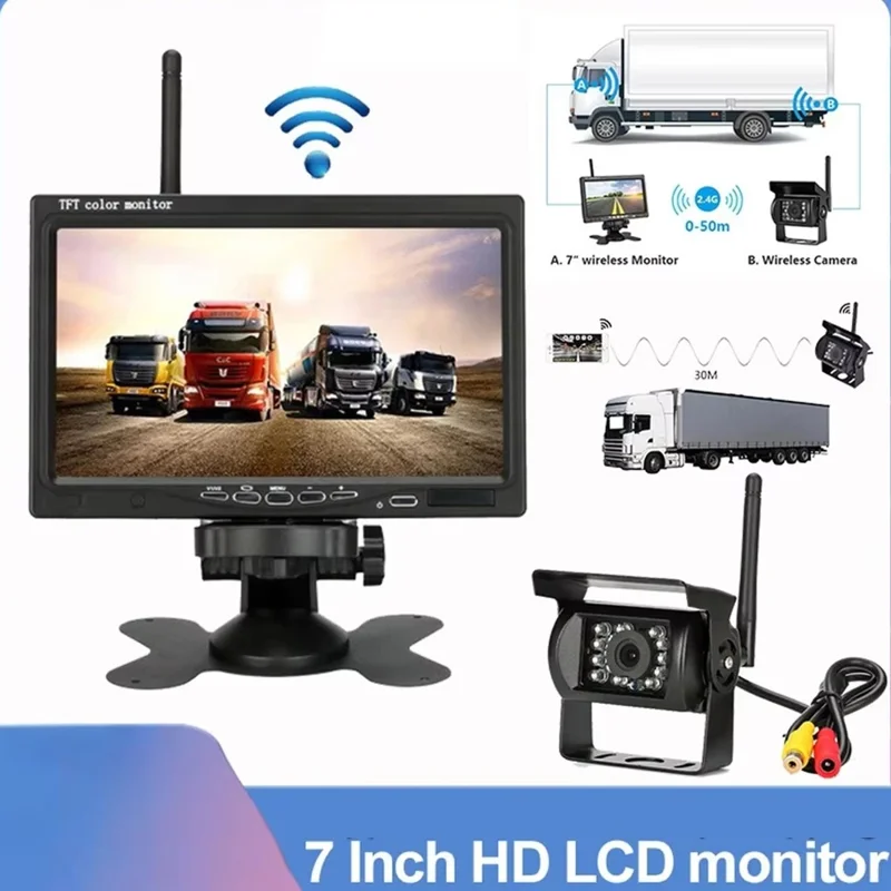 7 Inch Wireless Backup Camera System for Bus IP67 Waterproof Rear View Night Vision LCD Monitor