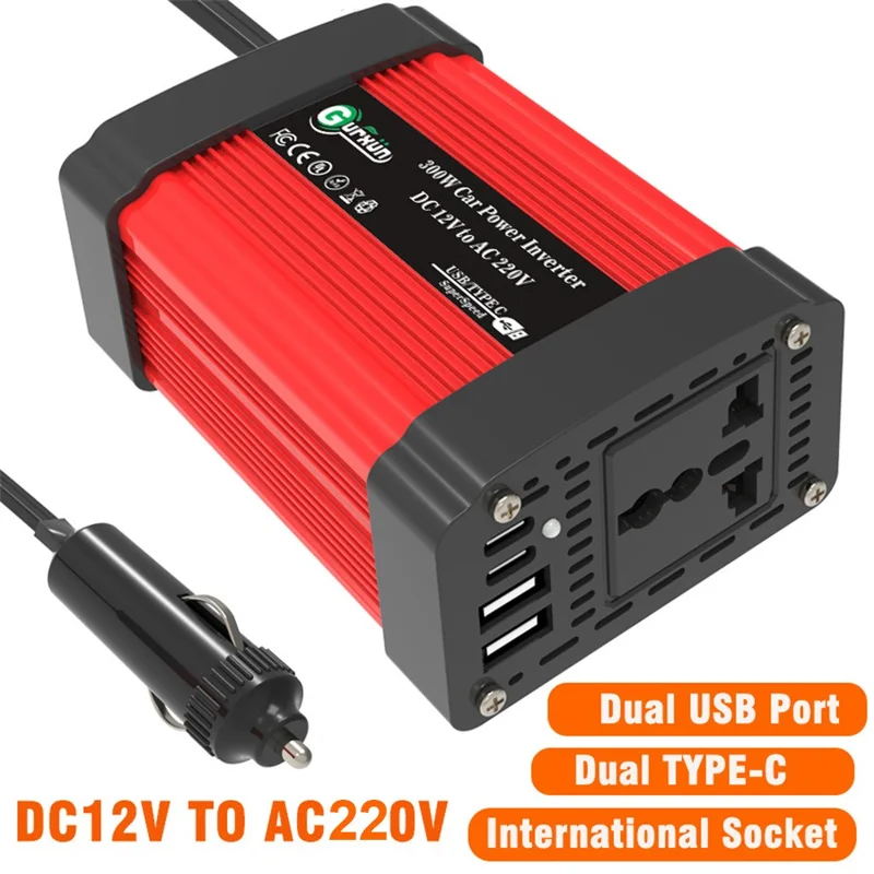 300W Auto Omvormer 12V naar 220V Spanningsomzetter Draagbare Oplader voor Telefoon / Luidspreker / Camera, Europees Standaard