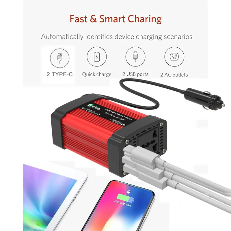 300W Auto Omvormer 12V naar 220V Spanningsomzetter Draagbare Oplader voor Telefoon / Luidspreker / Camera, Europees Standaard