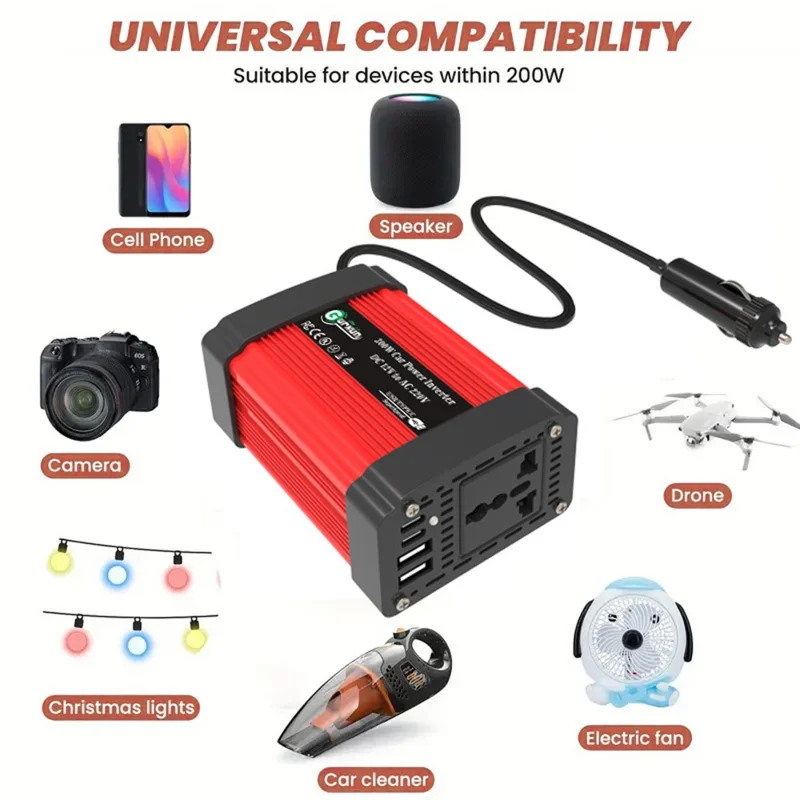 300W Auto Omvormer 12V naar 220V Spanningsomzetter Draagbare Oplader voor Telefoon / Luidspreker / Camera, Europees Standaard