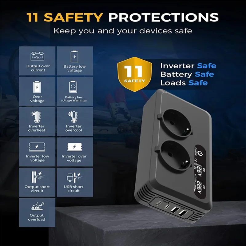 200W 12V DC to 220V AC Car Power Inverter with USB and Type-C Ports European Standard Socket Converter