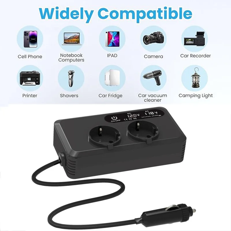 200W 12V DC to 220V AC Car Power Inverter with USB and Type-C Ports European Standard Socket Converter