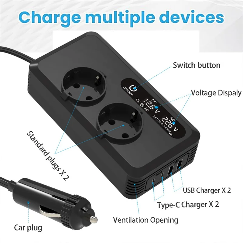 200W 12V DC to 220V AC Car Power Inverter with USB and Type-C Ports European Standard Socket Converter