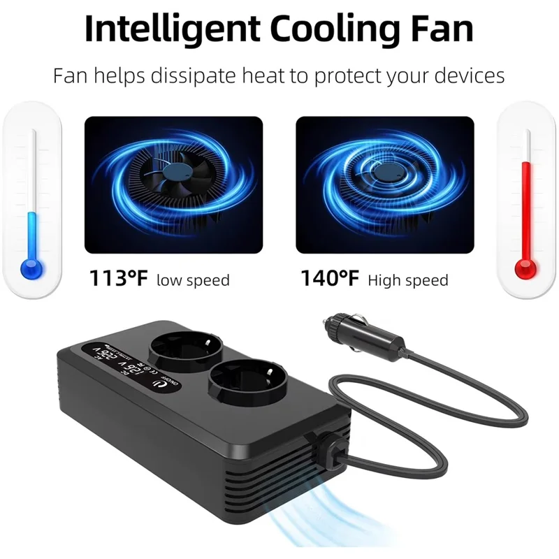 200W 12V DC to 220V AC Car Power Inverter with USB and Type-C Ports European Standard Socket Converter