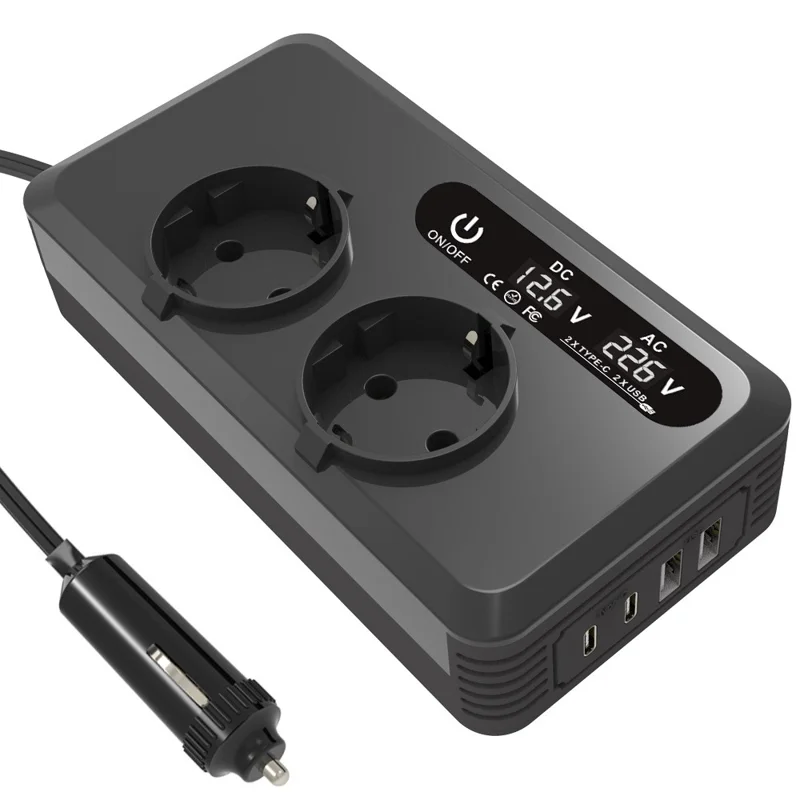 200W 12V DC to 220V AC Car Power Inverter with USB and Type-C Ports European Standard Socket Converter