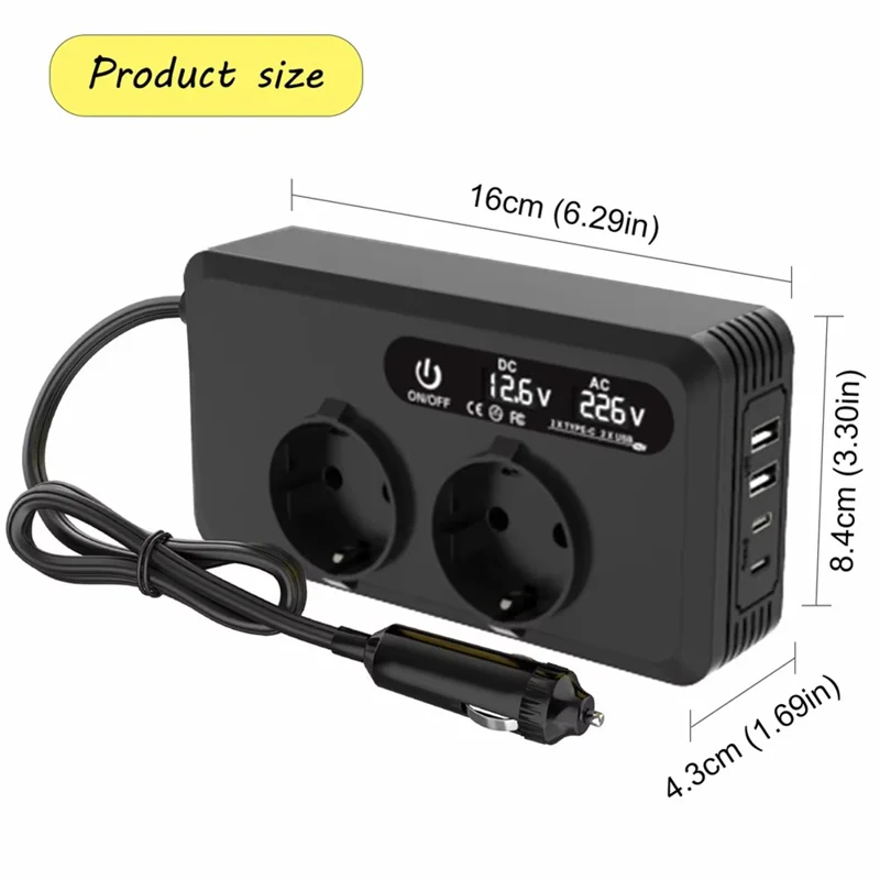 200W 12V DC to 220V AC Car Power Inverter with USB and Type-C Ports European Standard Socket Converter