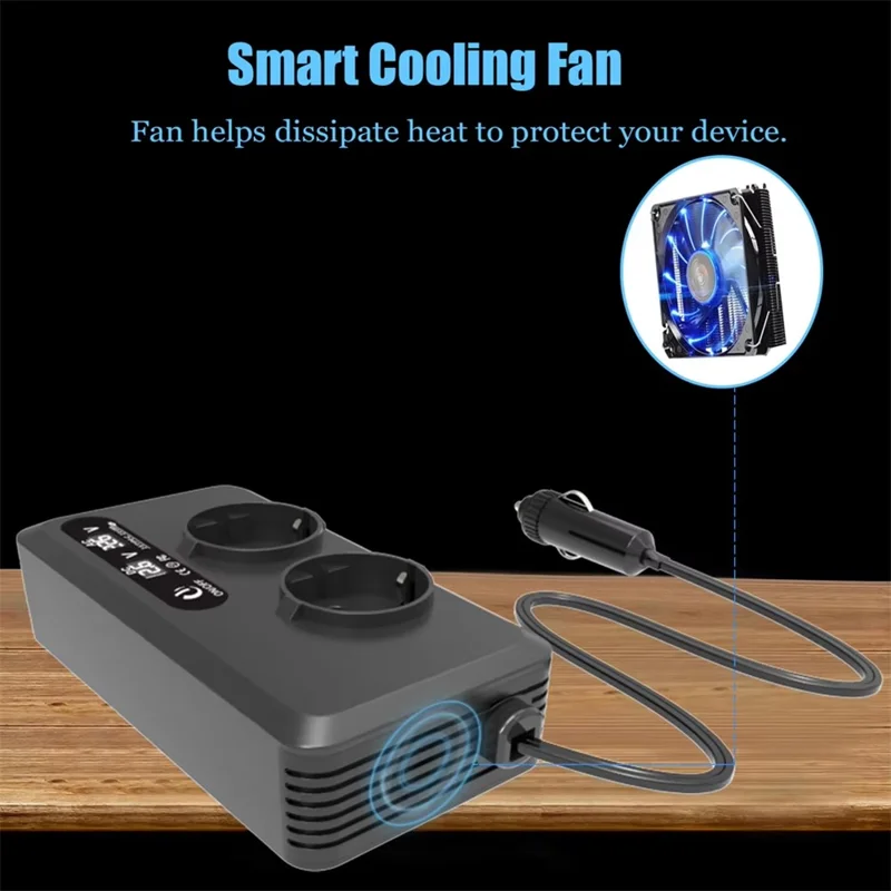 200W 12V DC to 220V AC Car Power Inverter with USB and Type-C Ports European Standard Socket Converter