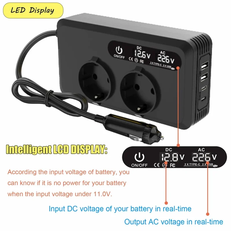 200W 12V DC to 220V AC Car Power Inverter with USB and Type-C Ports European Standard Socket Converter