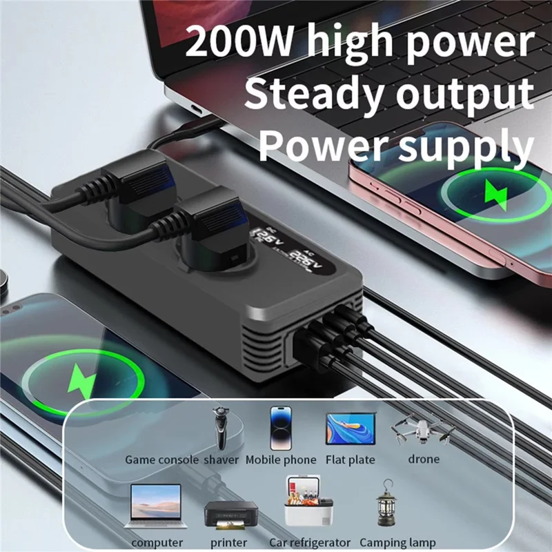 200W 12V DC to 220V AC Car Power Inverter with USB and Type-C Ports European Standard Socket Converter