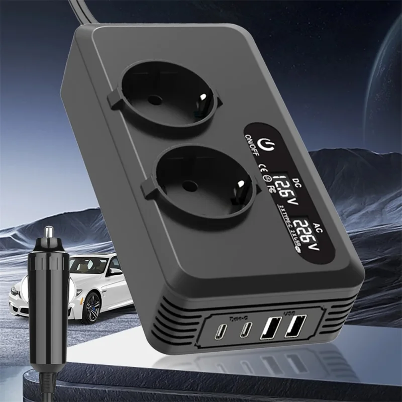 200W 12V DC to 220V AC Car Power Inverter with USB and Type-C Ports European Standard Socket Converter