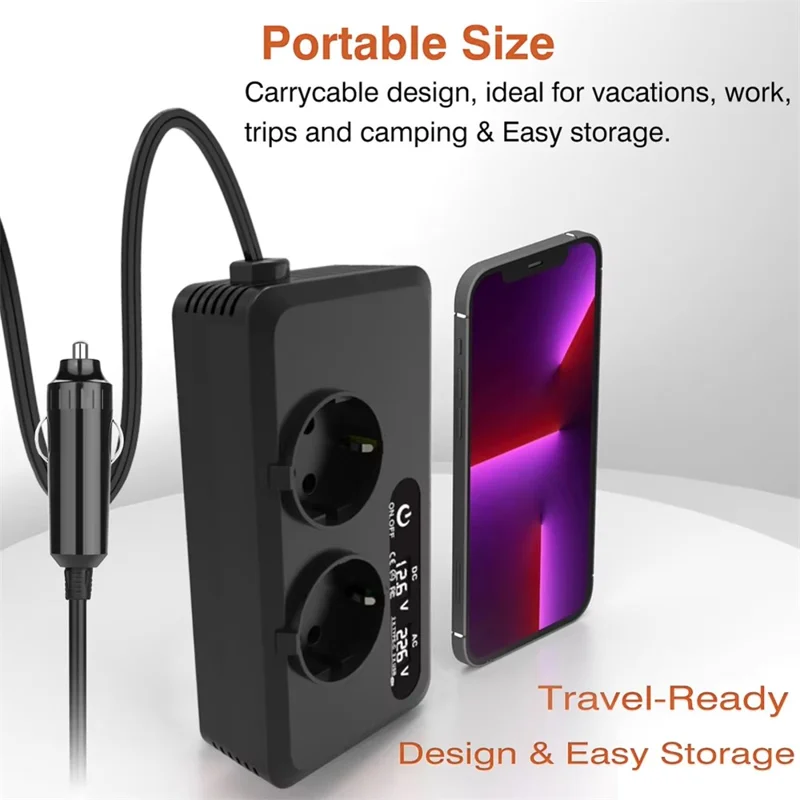 200W 12V DC to 220V AC Car Power Inverter with USB and Type-C Ports European Standard Socket Converter