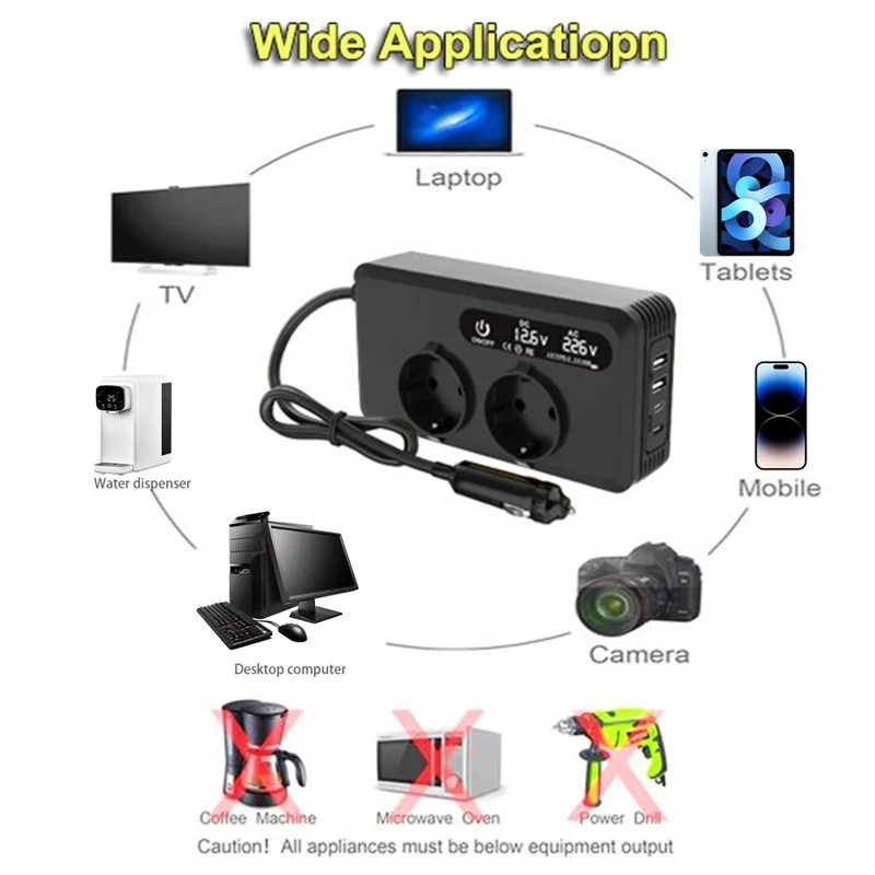 200W 12V DC to 220V AC Car Power Inverter with USB and Type-C Ports European Standard Socket Converter