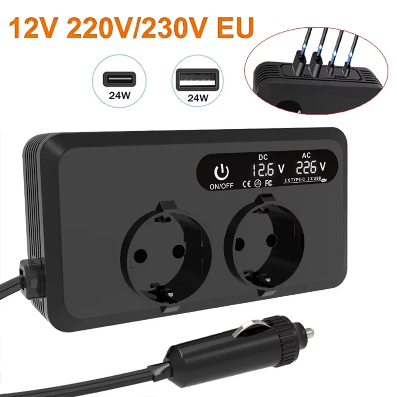 200W 12V DC to 220V AC Car Power Inverter with USB and Type-C Ports European Standard Socket Converter