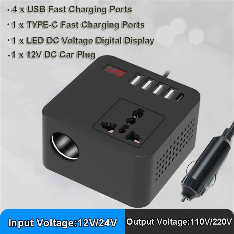 Digital Display Car Power Inverter DC 12V / 24V to AC 110V / 220V Multifunction Converter Charger with USB C + USB A + AC Outlet