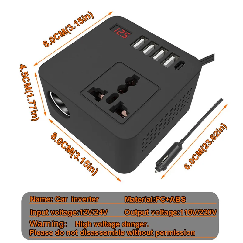 Digital Display Car Power Inverter DC 12V / 24V to AC 110V / 220V Multifunction Converter Charger with USB C + USB A + AC Outlet