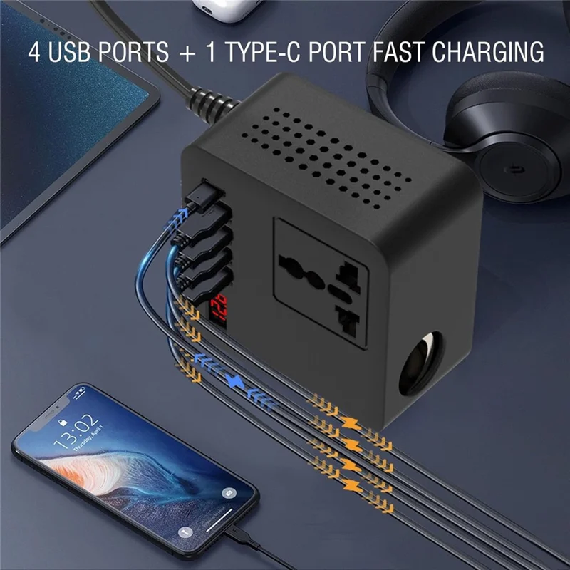 Digital Display Car Power Inverter DC 12V / 24V to AC 110V / 220V Multifunction Converter Charger with USB C + USB A + AC Outlet