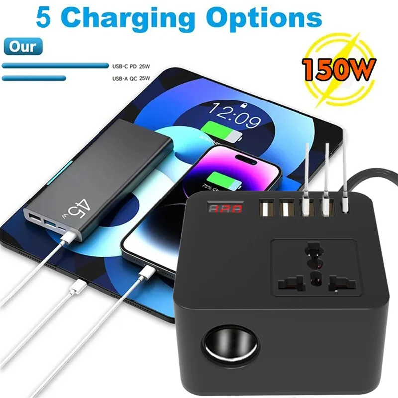 Digital Display Car Power Inverter DC 12V / 24V to AC 110V / 220V Multifunction Converter Charger with USB C + USB A + AC Outlet