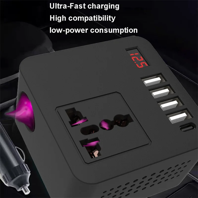 Digital Display Car Power Inverter DC 12V / 24V to AC 110V / 220V Multifunction Converter Charger with USB C + USB A + AC Outlet