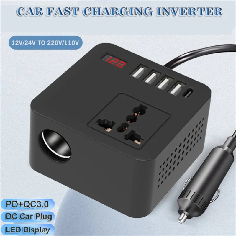 Digital Display Car Power Inverter DC 12V / 24V to AC 110V / 220V Multifunction Converter Charger with USB C + USB A + AC Outlet