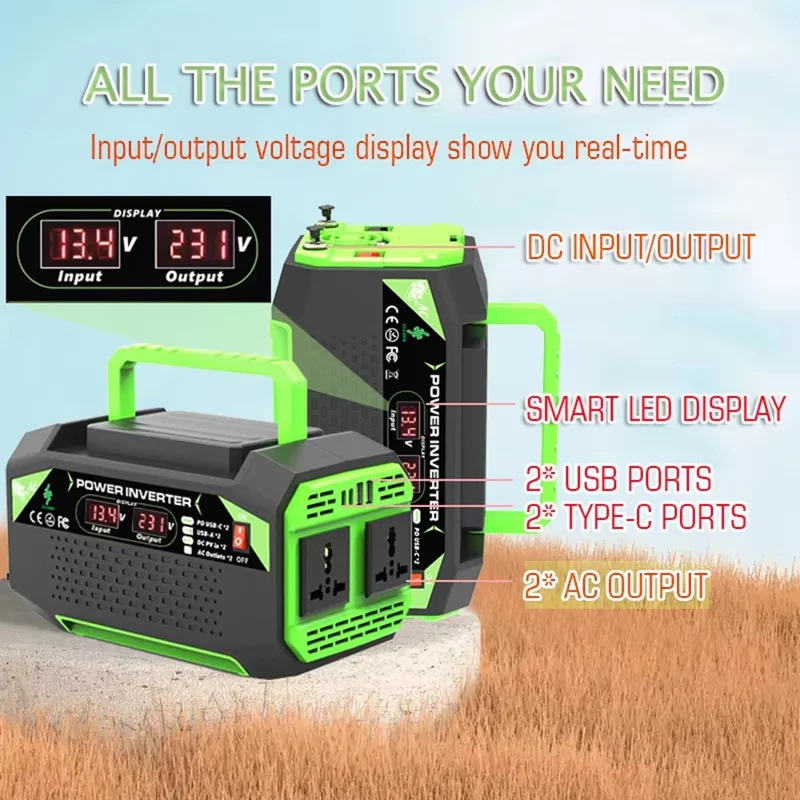 300W 12V DC to 220V AC Car Power Inverter with AC Outlet 2 USB + 2 Type-C Fast Charger for Laptop Tablet