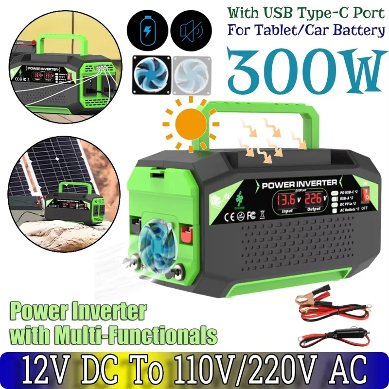 300W 12V DC to 220V AC Car Power Inverter with AC Outlet 2 USB + 2 Type-C Fast Charger for Laptop Tablet