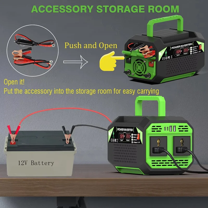 300W 12V DC to 220V AC Car Power Inverter with AC Outlet 2 USB + 2 Type-C Fast Charger for Laptop Tablet