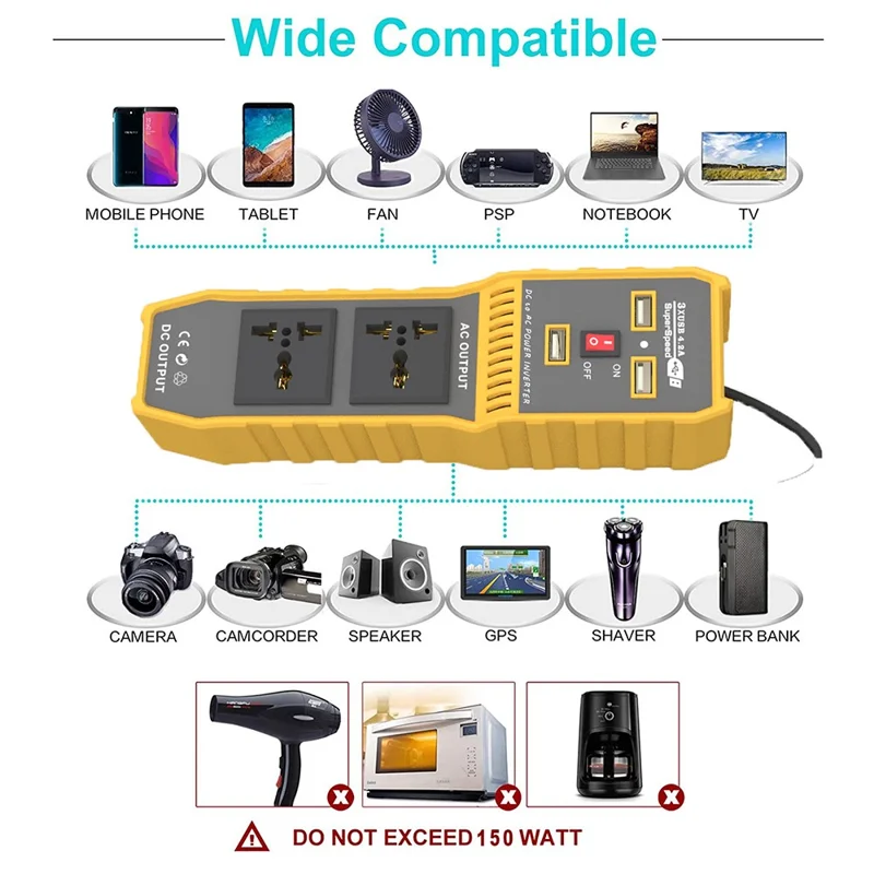 Przenośny falownik samochodowy 12 V DC na 220 V AC, 400 W, 3 porty USB + 2 gniazda AC