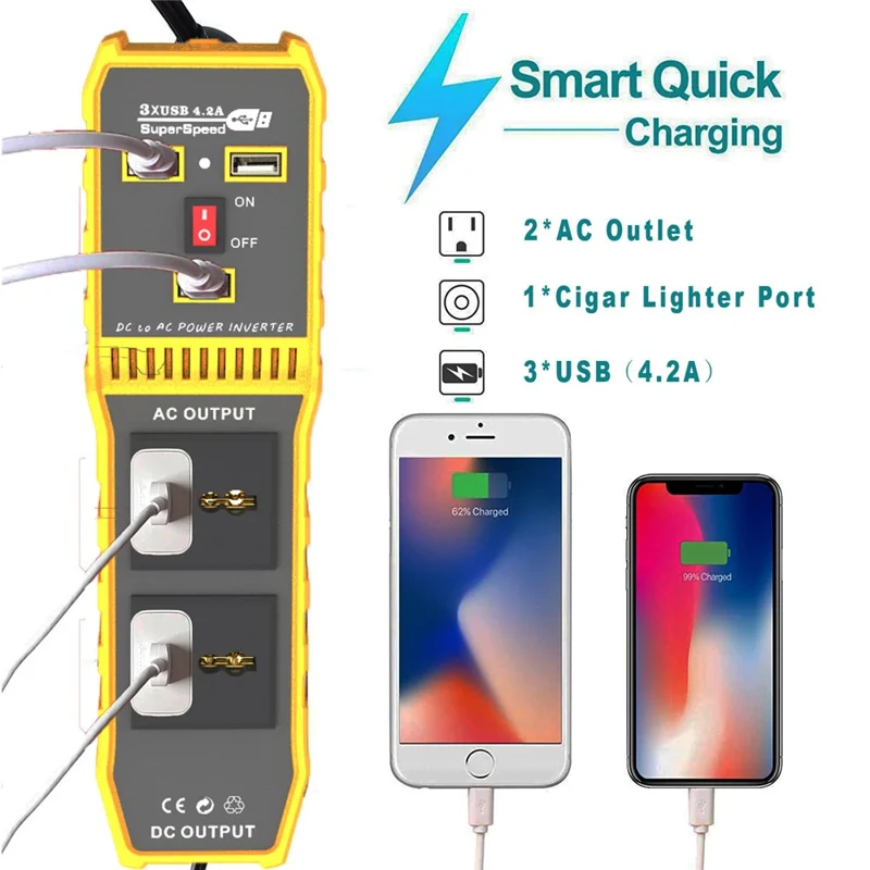 Przenośny falownik samochodowy 12 V DC na 220 V AC, 400 W, 3 porty USB + 2 gniazda AC