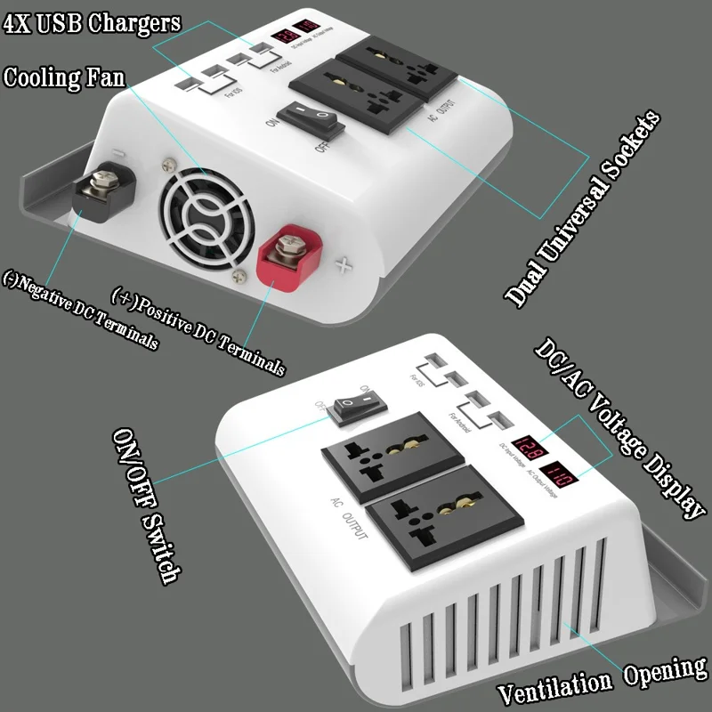 300W DC 12V naar AC 220V Auto Stroomomvormer met 4 USB-poorten + 2 AC-uitgangen LCD-display Voltageomzetter