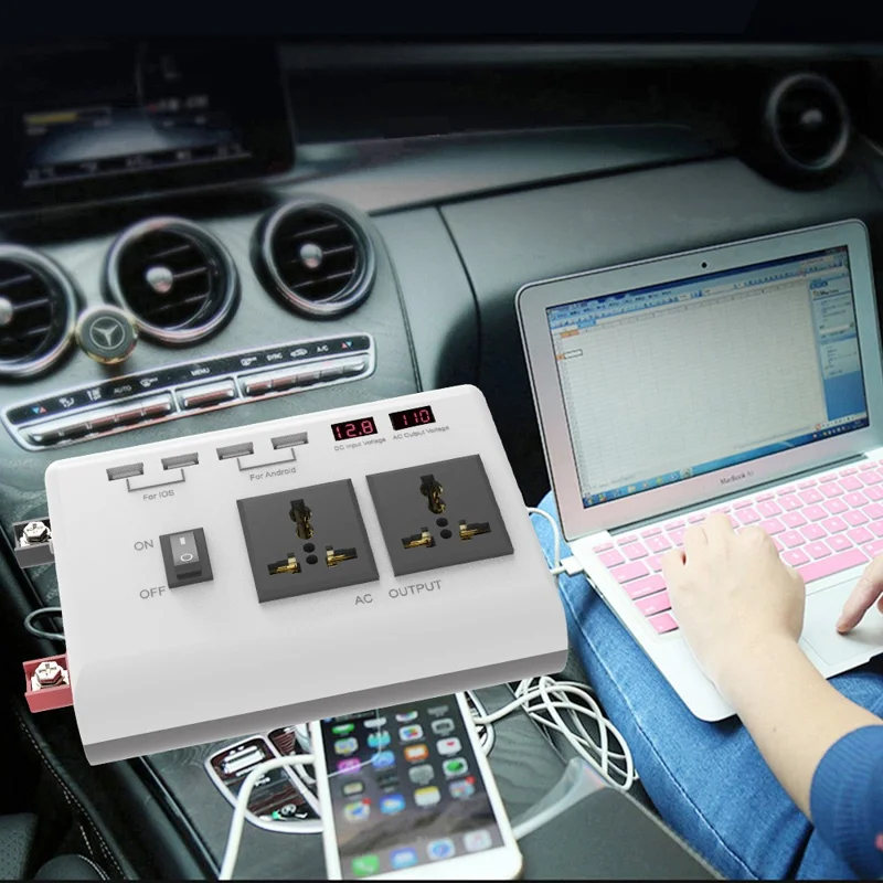 300W DC 12V naar AC 220V Auto Stroomomvormer met 4 USB-poorten + 2 AC-uitgangen LCD-display Voltageomzetter