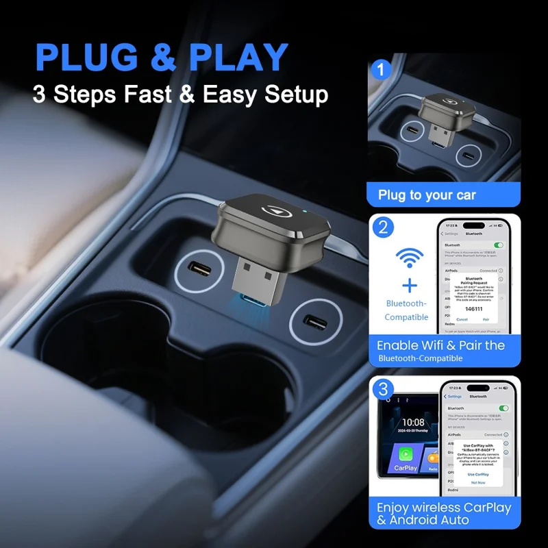 M4 2 in 1 Bluetooth-compatible 5.4 AI Box for CarPlay  /  Android Auto Wired to Wireless Car Adapter