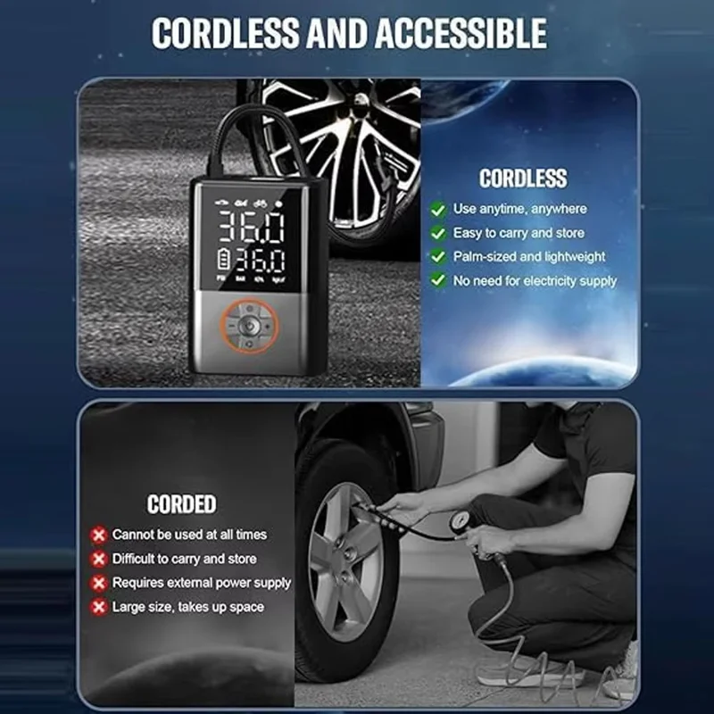 60W 150 PSI tragbare kabellose Mini-Autoreifen-Luftpumpe mit digitaler Anzeige, tragbarer Luftkompressor mit LED-Licht