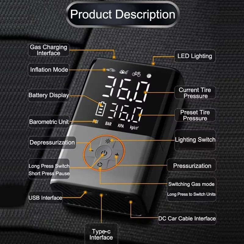 60W 150 PSI tragbare kabellose Mini-Autoreifen-Luftpumpe mit digitaler Anzeige, tragbarer Luftkompressor mit LED-Licht