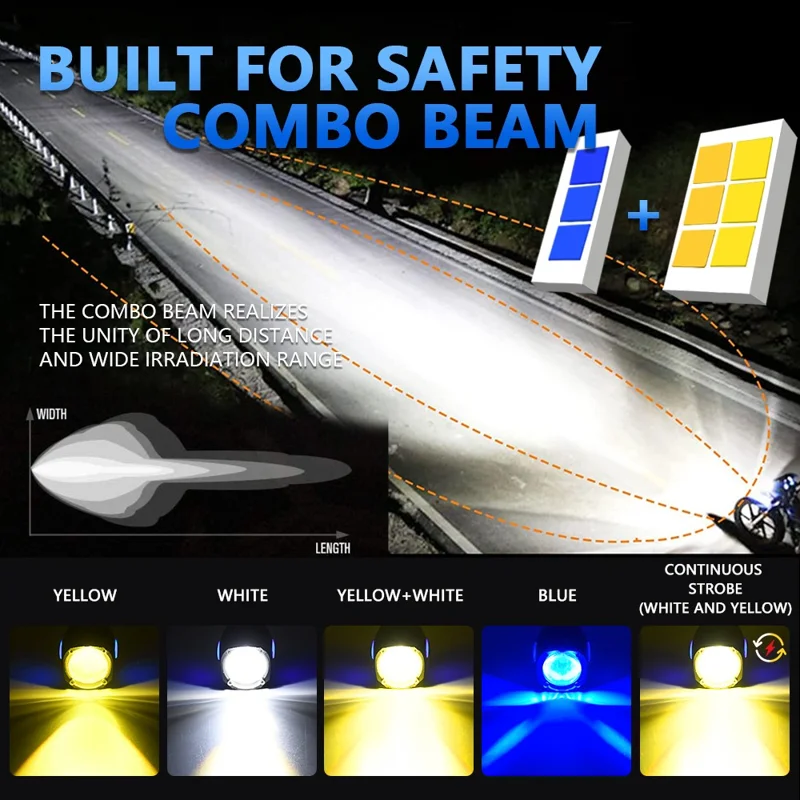 M10 1Pc Motorcycle LED Spotlight Blue Warning Light 5 Modes IP67 Waterproof Auxiliary Lamp