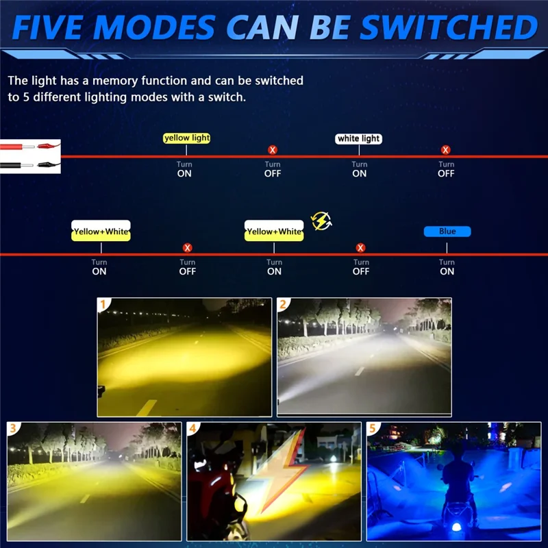 M10 1Pc Motorcycle LED Spotlight Blue Warning Light 5 Modes IP67 Waterproof Auxiliary Lamp