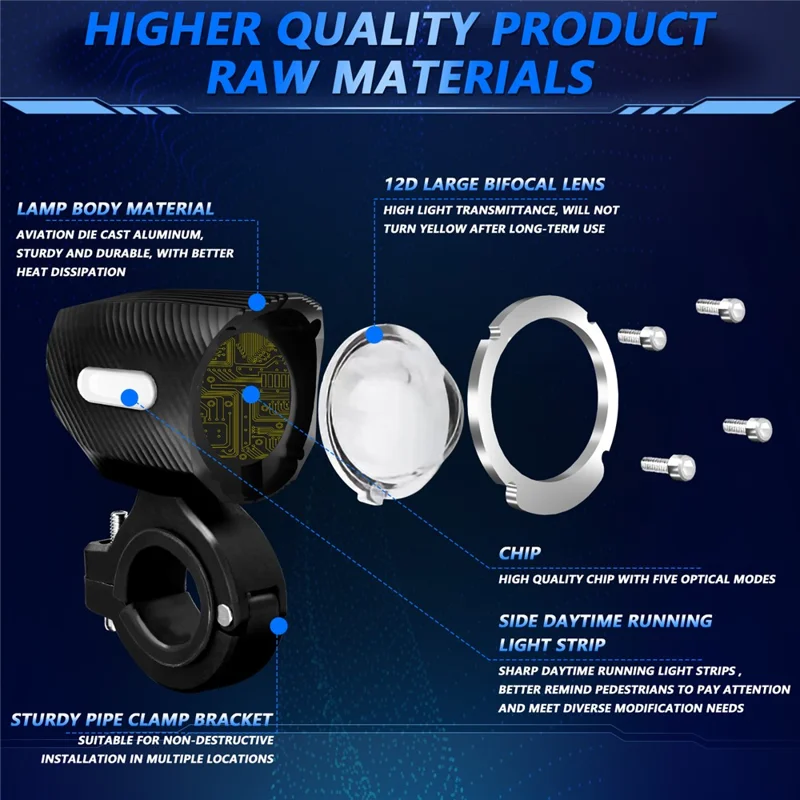 M10 1Pc Motorcycle LED Spotlight Blue Warning Light 5 Modes IP67 Waterproof Auxiliary Lamp