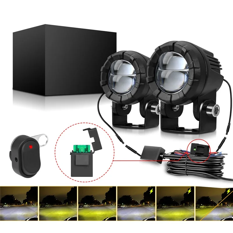 SK2 2Pcs Motorcycle Auxiliary Lights 6 Modes High Low Beam Gourd Shaped Lens LED Spotlight
