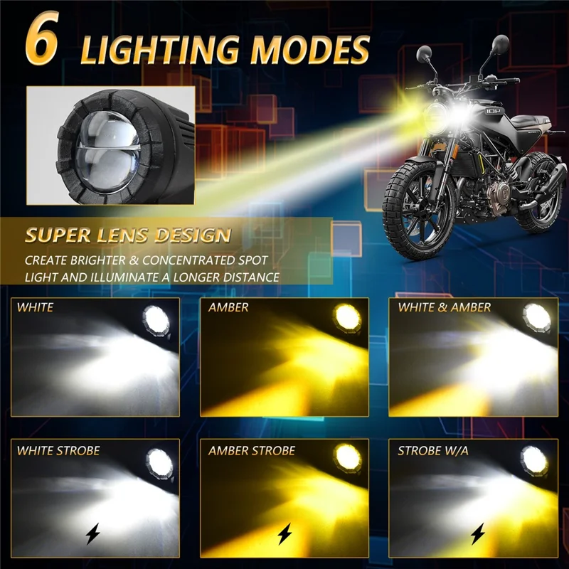 SK2 2Pcs Motorcycle Auxiliary Lights 6 Modes High Low Beam Gourd Shaped Lens LED Spotlight