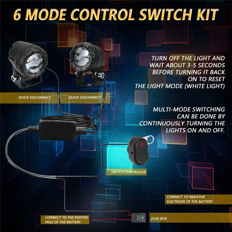 SK2 2Pcs Motorcycle Auxiliary Lights 6 Modes High Low Beam Gourd Shaped Lens LED Spotlight