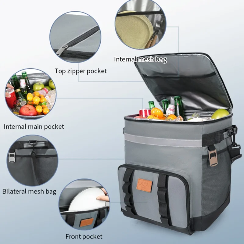 Gewielde Koelbox 35L Grote Capaciteit Oxfordstof Geïsoleerde Rollende Trolley voor Autoreizen Buiten - Donkergrijs