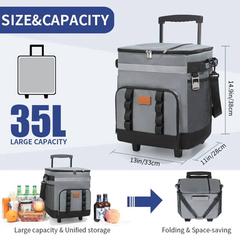 Gewielde Koelbox 35L Grote Capaciteit Oxfordstof Geïsoleerde Rollende Trolley voor Autoreizen Buiten - Donkergrijs