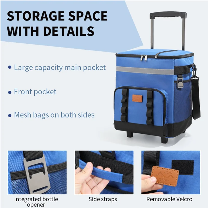 Gewielde Koelbox 35L Grote Capaciteit Oxfordstof Geïsoleerde Rollende Trolley voor Autoreizen Buiten - Donkergrijs