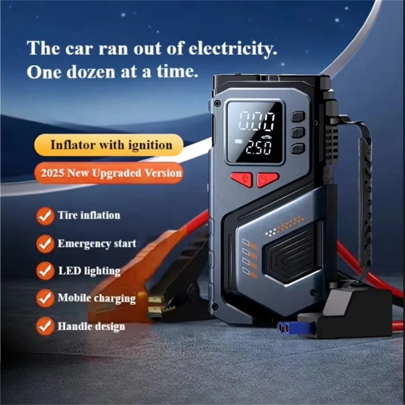 Digital Display Wireless Car Air Pump Emergency Jump Starter with Flashlight for Car Electric Vehicle
