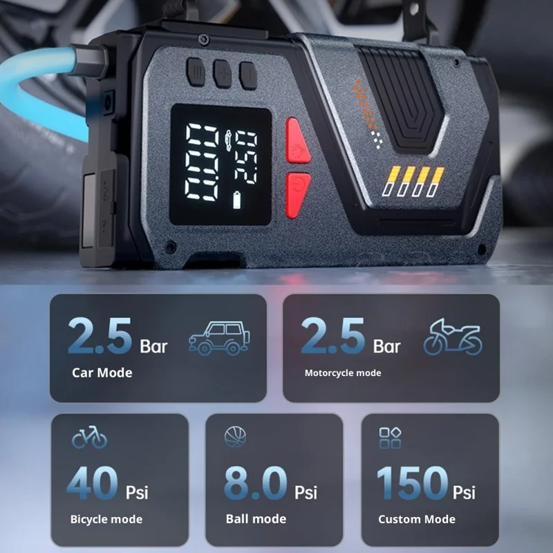 Digital Display Wireless Car Air Pump Emergency Jump Starter with Flashlight for Car Electric Vehicle