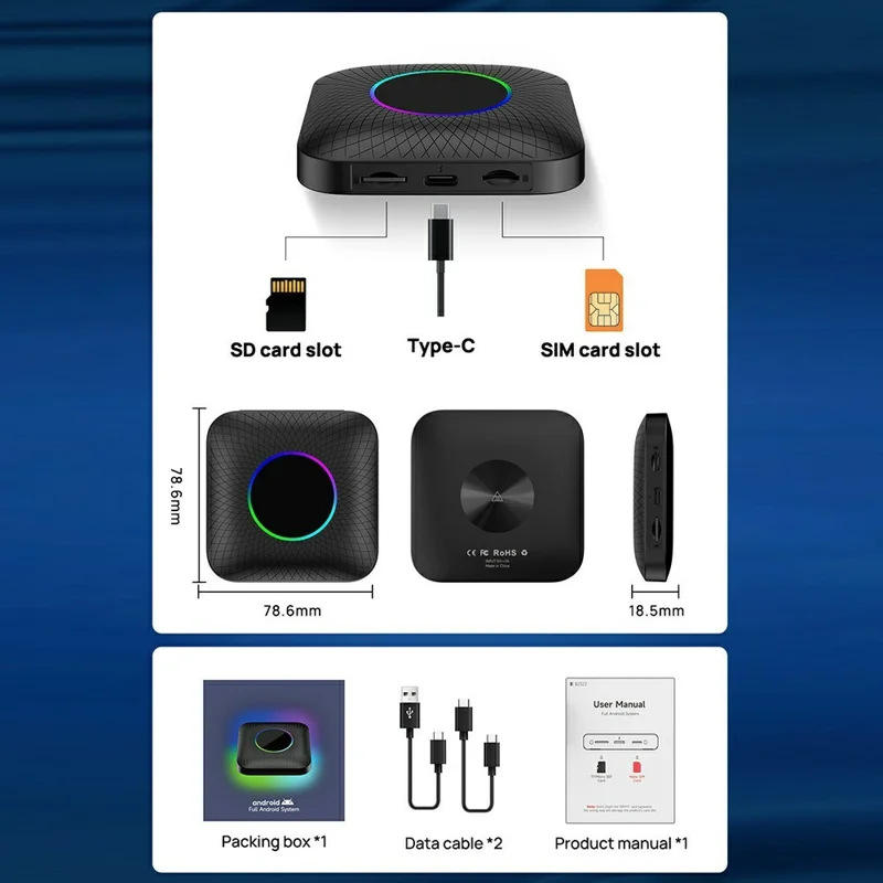 TBOX-LED-4GB+64GB Kabel zu Wireless Car Play Adapter Android 13 Auto Qualcomm Octa-Core Box, Eurasische Version