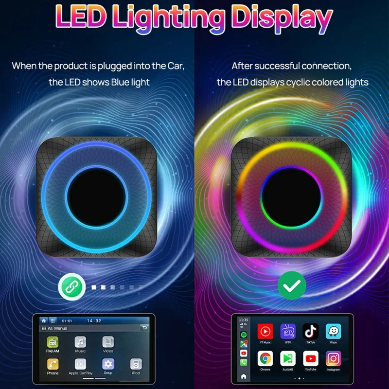 TBOX-LED-8GB+128GB Kabel zu Wireless CarPlay-Adapter Android 13 Auto Qualcomm Octa-Core Box, Eurasische Version
